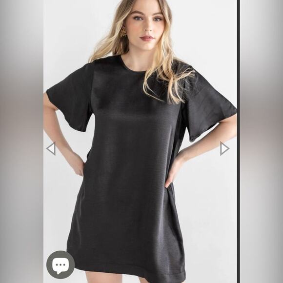 Lila P Flutter Sleeve Satin Black Dress‎ Size Large - Picture 5 of 6